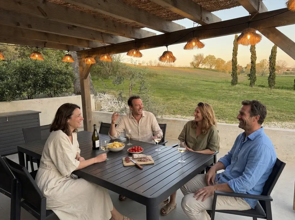 Quatre amis rient autour d'une table en bois sous une pergola à la tombée du jour, verres de vin blanc et planche de charcuterie, prairie et cyprès derrière eux