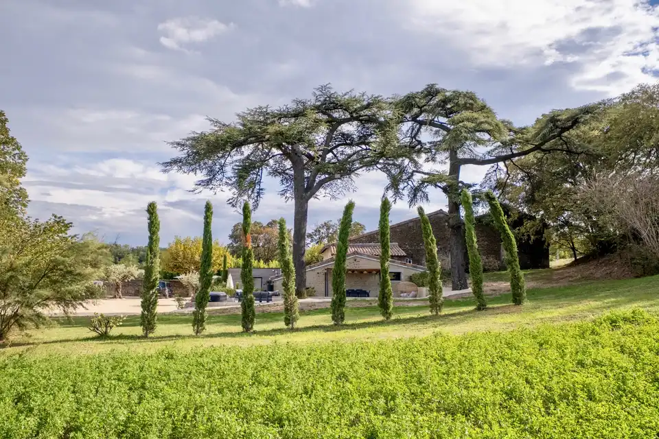 Le domaine Un air de Toscane : pelouse, cèdres centenaires et allée de cyprès devant la maison en pierre